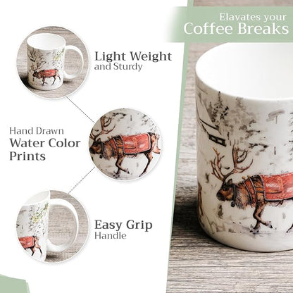 Maison d' Hermine Coffee Mug with Handles Tea Cups (15 Ounce, Pack of 1) | Fine Bone China Coffee Mugs for Hot Beverages Cappuccino Latte Home Hotel Spring Summer -Christmas Tradition - Reindeer