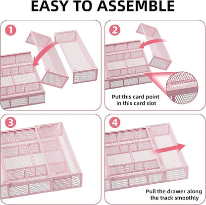 Marbrasse Expandable Desk Drawer Organizer, Mesh Tray with 10 Adjustable Compartments, Desk Organizers for Office Supplies, Makeup & Vanity (Expandable-Pink)