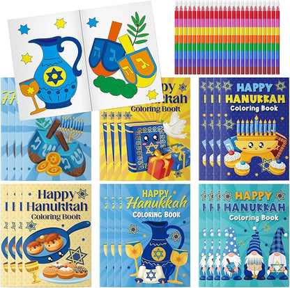 Cinrobiye 24 Set Happy Hanukkah Coloring Books Bulk Chanukah Activity Books Mini DIY Painting Drawing Set with Stackable Crayons for Festival of Lights Party Favor Gifts Goodie Bag Fillers