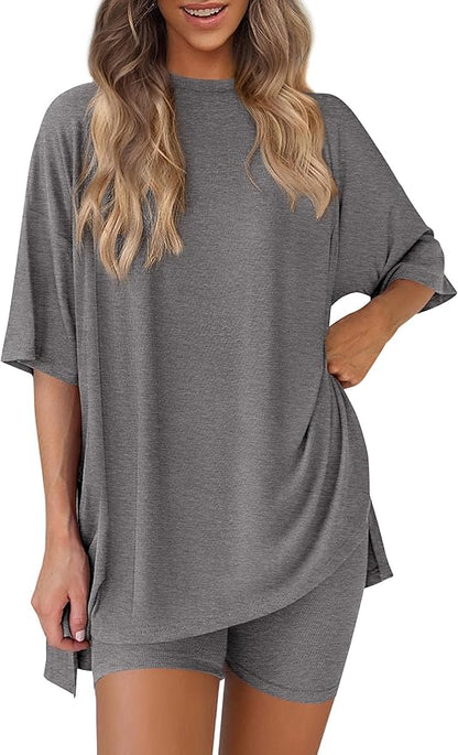 PRETTYGARDEN Women 2 Piece Lounge Set 2026 Summer Casual Oversized Shirts Biker Shorts Matching Airport Travel Outfit Clothes