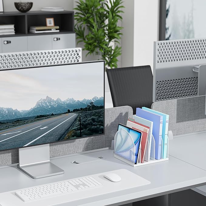 gianotter Desktop File Organizer with 5 Compartments | Desk Organizer Paper Organizer for Desk Workspace Organizers for Office Supplies (White, Upright Style)