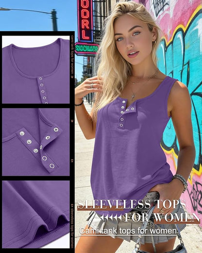 Ficerd 3 Pack Women's Henley Tank Tops Sleeveless Button Down Summer Shirts 2026 Casual Trendy Loose U Neck Tee Blouses