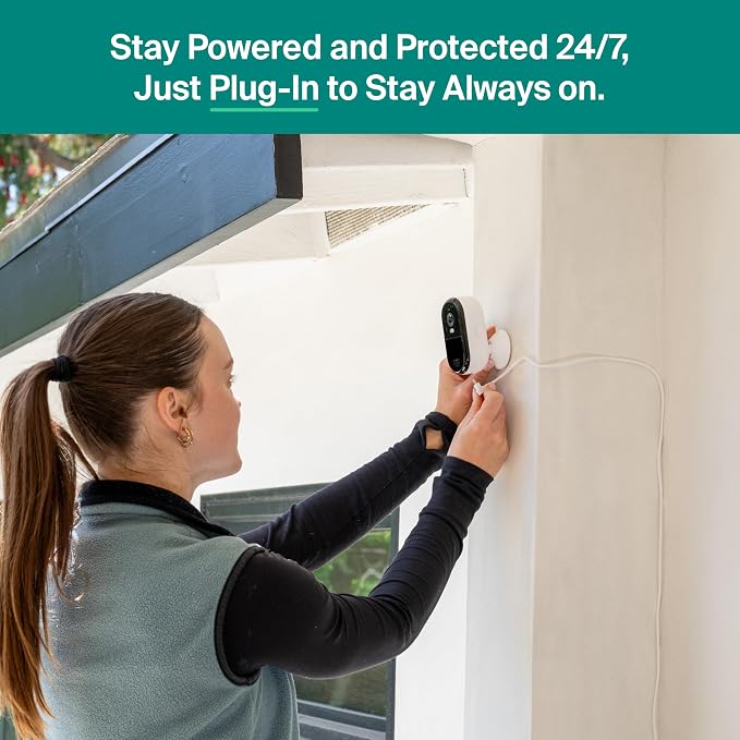 Arlo Essential Security Camera 2K (2025 Release) + 6 Months of Secure Plus Plan - Continuous Wired Plug-in Power Outdoor Camera, Person Recognition, Package Detection, Animated Preview, 1 Cam, Black