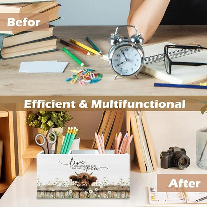 DILSJ Inspirational Highland Cow Pen Pencil Holder Organizer for Desk, Highland Cow Gifts for Women, Live Like Someone Left The Gate Open Wooden Box Signs for Home Office Desk Tabletop Decoration