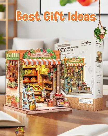 CUTEBEE Book Nook Kit, DIY Miniature House Kits for Adult and Teens, Dollhouse Booknook Tiny House, Bookshelf 3D Wooden Puzzle, DIY Craft Gifts for Family and Friends (The Greens’ Grocery)