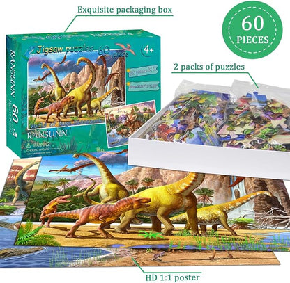 RANSUNN Dinosaur Puzzles for Kids Ages 6-8 4-6 Year Old - World of Huge Dinosaurs,2 Packs 60 Pieces Jigsaw Puzzle for Toddler Children Learning Educational Puzzles Toys for Boys and Girls.