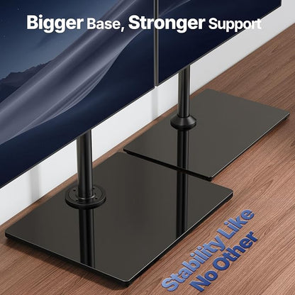 HUANUO Free Standing Triple Monitor Mount for 13-27 Inch Screens | Larger Tempered-Glass Base, Heavy Duty Thicker Steel, Tilt, Swivel, Rotation, Holds up to 22 lbs, VESA 75x75/ 100x100mm