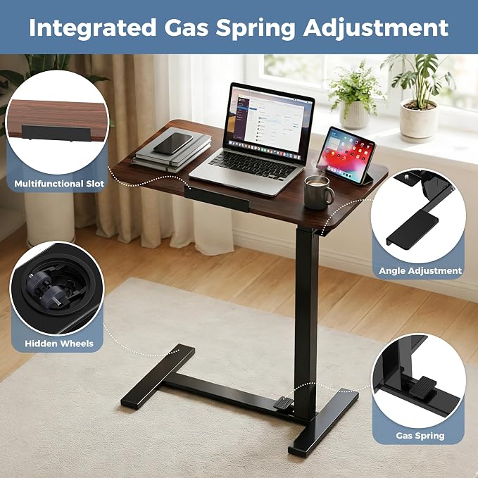 Overbed Table Adjustable Bedside Desk with Wheels Brown | Pneumatic Lift Design Offers Easy Height Adjustment for Bed and Sofa Use