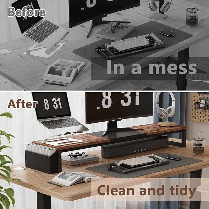 LAND·VOI Dual Monitor Stand Riser,41.5'' Long Monitor Stand for 2 Monitors, Wood Computer Riser with Pocket, Desktop Oraganizer with Pen Holder, Monitor Riser for Desk Computer,Laptop,TV, Rustic Brown