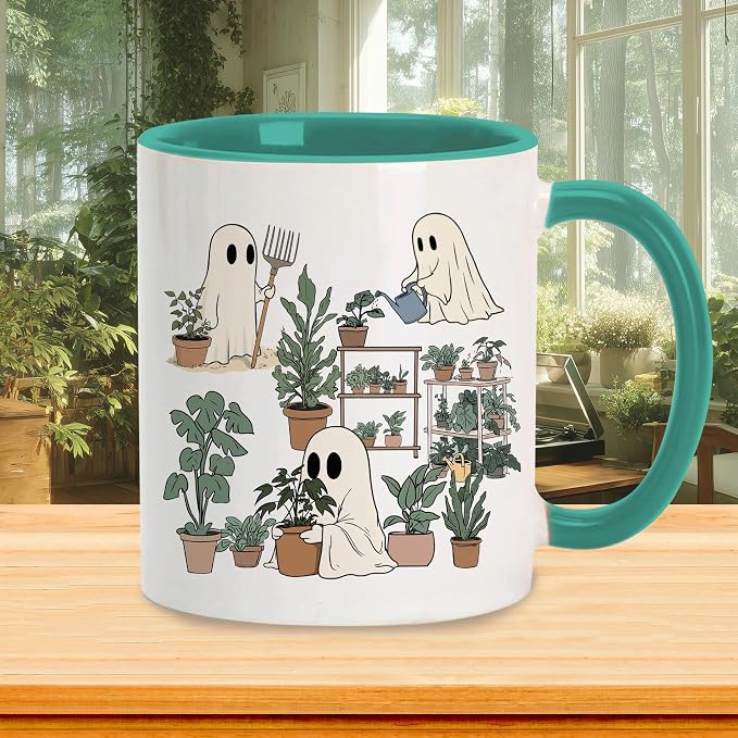 Hyturtle Cute Ghost Plant Mug Gifts For Plant Lovers on Birthday, Halloween | Garden Gifts for women, Gardening 11oz Ceramic Cup, Ghost Mug, Vivid double-sided fade-resistant print, Comfort grip handle