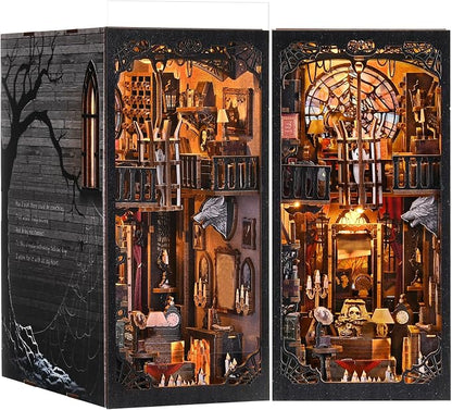 Book Nook Kit - Goth Castle DIY 3D Wooden Puzzle for Adults, Horror Bookshelf Insert with LED Lights, Halloween Home Decor Gift, The Dark Family