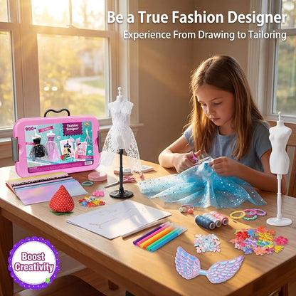 AGENTLAN Fashion Designer Kit, 900+ Dress Making Kit, DIY Craft Kit | Fashion design studio, sewing & no-sew, DIY fashion play with storage bin, gift for girls ages 6-12