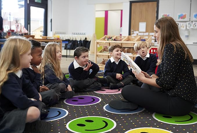 Flagship Carpets Smiley Seating (Seats 30) Classroom Area Rug or Educational Learning Mat, Kids Room or Playroom Carpet, 10'6" x 13'2", Gray/Multi