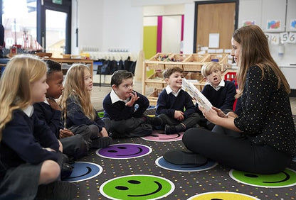 Flagship Carpets Smiley Seating (Seats 30) Classroom Area Rug or Educational Learning Mat, Kids Room or Playroom Carpet, 10'6" x 13'2", Gray/Multi