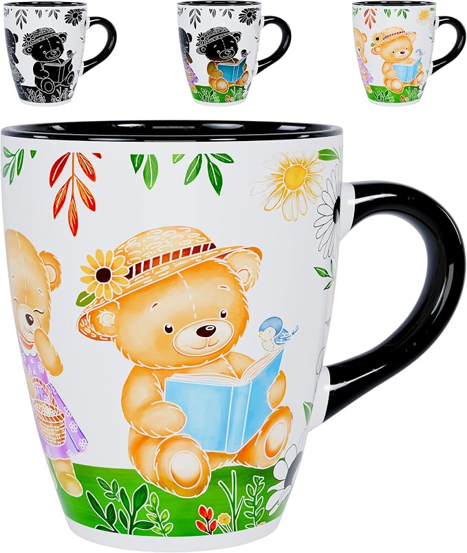 Color Changing Teddy Bear Coffee Mug 12oz – Ceramic Heat Sensitive Cup for Coffee, Tea, Hot Cocoa & Milk – Magical Bear Mug with Floral Reveal – Gift for Women, Mom, Grandma, Kids at Heart