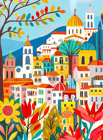 Cross & Glory - Charming Barcelona in Bloom - 1000 Piece Jigsaw Puzzle for Adults | Colorful Floral Folk Art Puzzle for Barcelona Lovers and Art Enthusiasts
