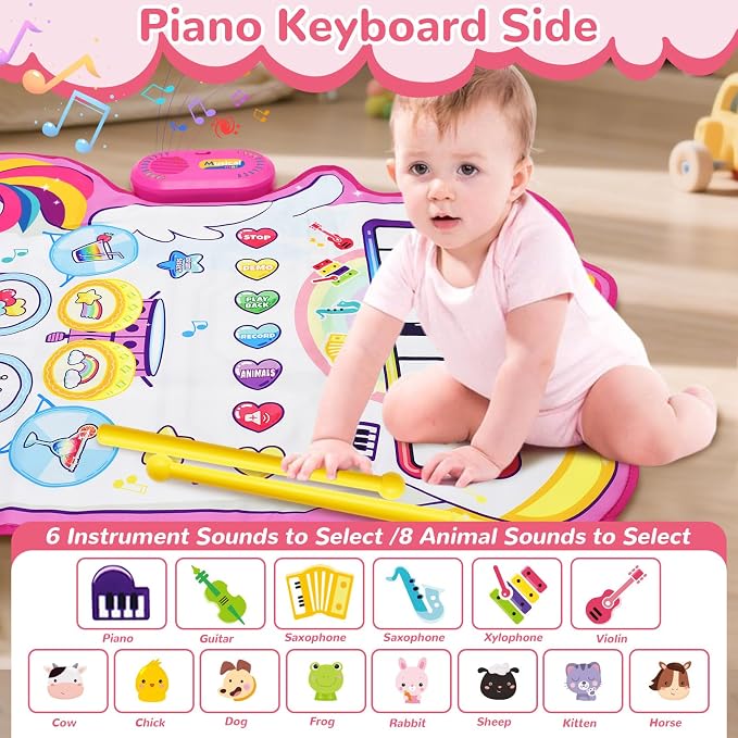 Cyiecw 3-in-1 Unicorn Musical Mat, Piano Drum Play Mat Unicorn Gifts for 1 2 3 Year Old Girls, Sensory Early Educational Musical Learning Toys for Baby Boys, Birthday Gift for Toddlers 1-5 Years Old