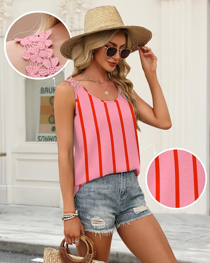 OFEEFAN Tank Top for Women Loose Fit Crew Neck Sleeveless Shirts Strap Lace Camisole Chiffon Summer Tops Curved Hem
