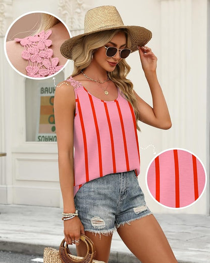 OFEEFAN Tank Top for Women Loose Fit Crew Neck Sleeveless Shirts Strap Lace Camisole Chiffon Summer Tops Curved Hem