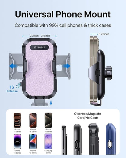 andobil Car Phone Holder, 2026 Military-Grade 89bs Strongest Suction Phone Holders for Your Car Dashboard/Windshield/Vent Easy Clamp Cellphone Holder Truck Stand for iPhone 17 16 15 Pro Max, Purple
