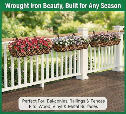 Y&M 30 inch Window Planter Box 4Pcs Iron Window Deck Railing Planter with Coco Liner, Metal Horse Troughs Fence Planter for Outdoor Balcony Rail Fence Porch Patio