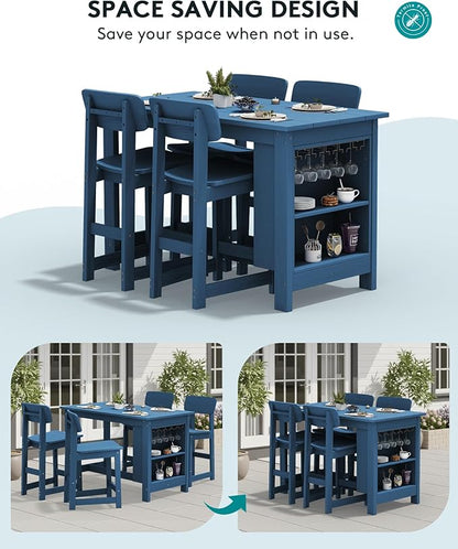 SERWALL 3-Piece Outdoor Counter Height Bar Set, HDPE Patio Bar Table with Wine Rack & Storage Shelf, 2 All-Weather Bar Stools, Patio Bar Dining Furniture Set for 3, Blue