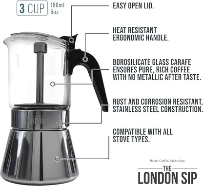 The London Sip Glass and Stainless Steel Stovetop Espresso Maker Moka Pot Italian Coffee Percolator, Glass, Small (5.07 oz)