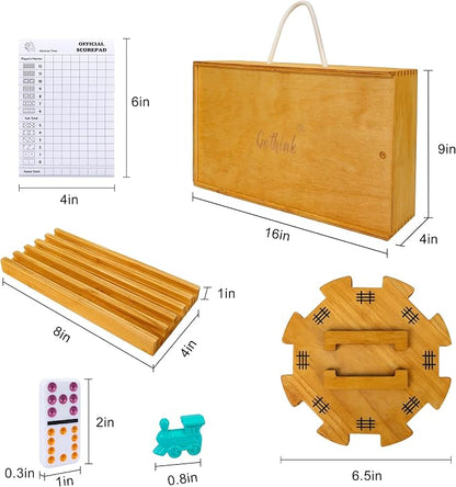 GOTHINK Double 12 Mexican Train Dominoes Set in Wooden Carry Case, Colored Dots Domino Set for Adults Kids and Family, Included 91 Tiles, 9 Trains, Wooden Hub, 8 Holders, 2 Scorepad in Vintage Box