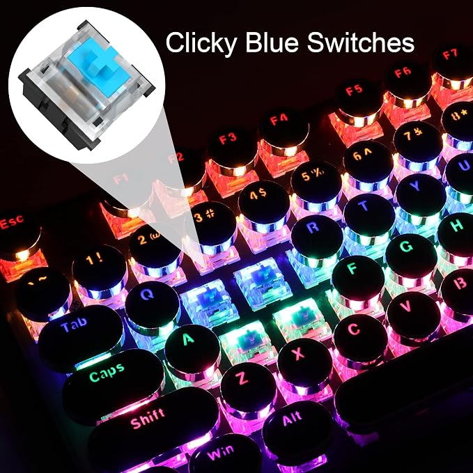 Camiysn Typewriter Style Mechanical Gaming Keyboard, Black Retro Punk Gaming Keyboard with RGB Backlit, 104 Keys Blue Switch Wired Cute Keyboards, Round Keycaps for Windows/Mac/PC
