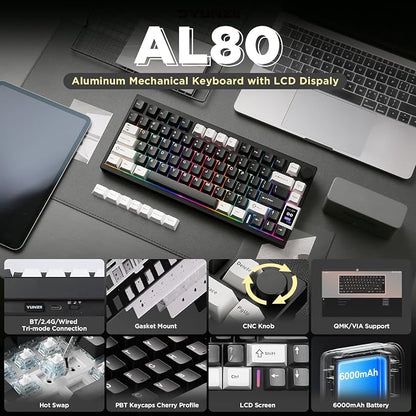 YUNZII AL80 75% Wireless Aluminum Mechanical Keyboard(Black, Cocoa Cream) | QMK/VIA, Smart LCD Display and Knob, Hot Swap, Gasket Structure, BT/2.4G/USB-C, RGB Keyboard for Gaming/Win/Mac