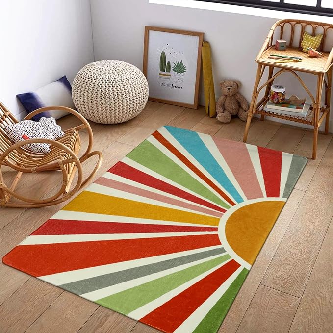 Boho Washable Rug 3'x5' Rug Kids Area Rug for Playroom, Colorful Kids Rug for Bedroom, Non-Slip Throw Sun Carpet Soft Small Sunshine Rug for Office Nursery Entryway Dorm