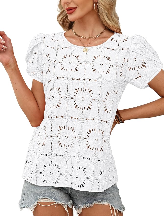 OFEEFAN Blouses for Women Dressy Casual Petal Short Sleeve Shirts Crochet Lace Boho Tops Spring Fashion Summer Outfits