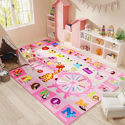 Kids Rug 5x7 Pink Rugs for Girls Bedroom Playroom Child Play Mat Educational and Fun Baby Care Rugs,Learning Rug with ABC Alphabets Animals Shapes No-Slip Carpets for Children Toddler Washable
