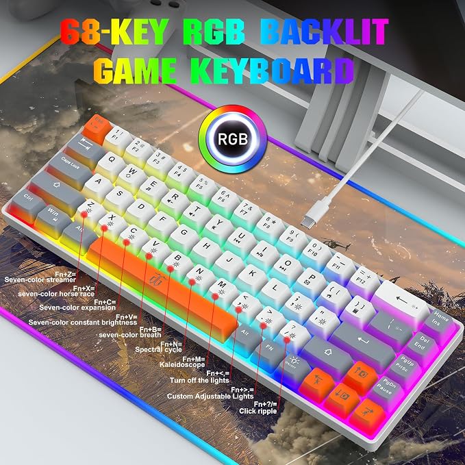 Snpurdiri 60% Percent Gaming Keyboard (68 Keys, White-Grey-Orange) | Ergonomic Compact RGB Backlit Small Gaming Keyboard for Windows, PC, Laptop