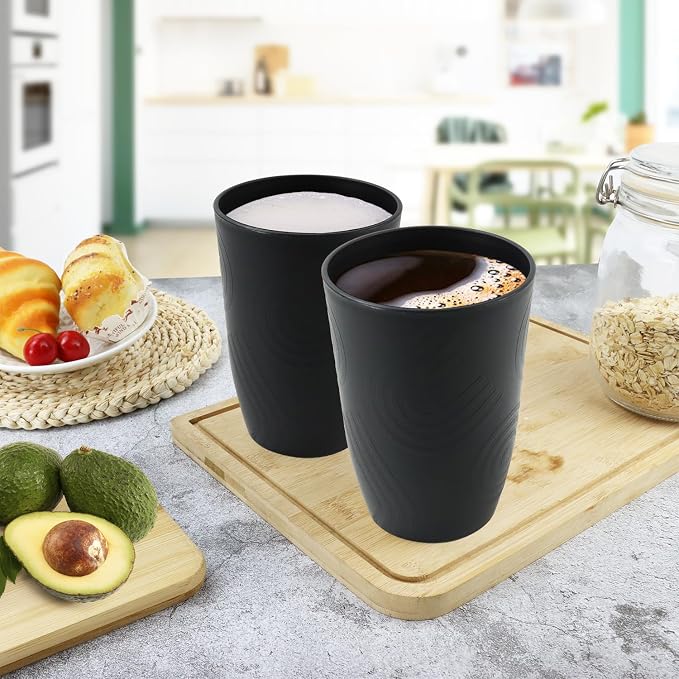 Wheat Straw Cups 6 Pcs, 16 OZ Plastic Drinking Cups, Unbreakable Plastic Drinking Glasses, Alternative to Plastic Cups Reusable, Dishwasher Safe Kitchen Cups for Party, Bathroom, RV (Black)