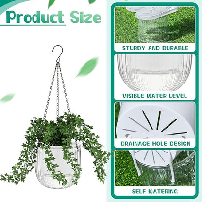 Meanplan 4 Pcs Self Watering Hanging Planter Indoor 6.5 Inch Hanging Baskets for Plants Outdoor Plastic Flower Pot with 3 Hooks Chains Drainage Holes for Garden Home, Medium Size(Clear)