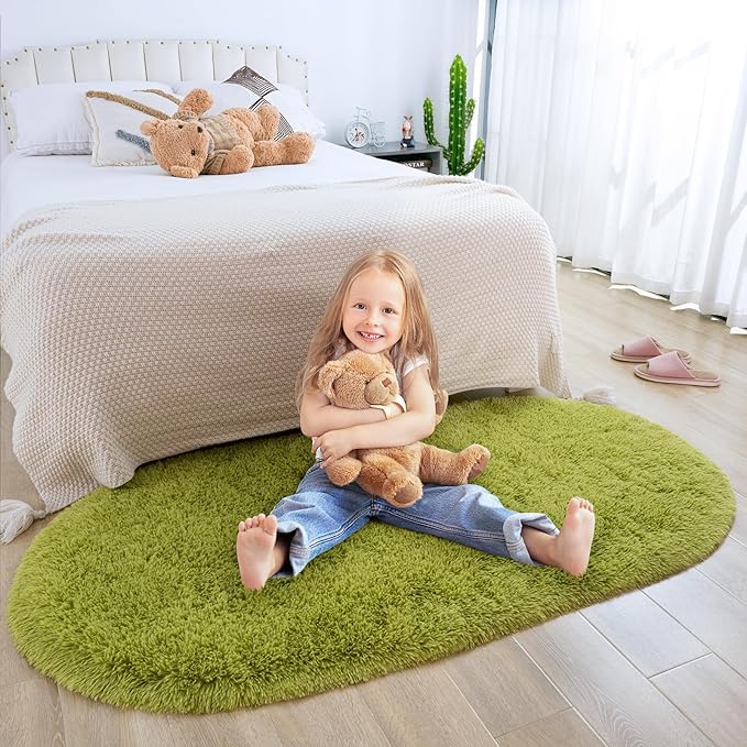 Merelax Soft Shaggy Rug for Kids Bedroom, Oval 2.6'x5.3' Green Plush Fluffy Carpets for Living Room, Furry Carpet for Teen Girls Room, Anti-skid Fuzzy Comfy Rug for Nursery Decor Cute Baby Play Mat