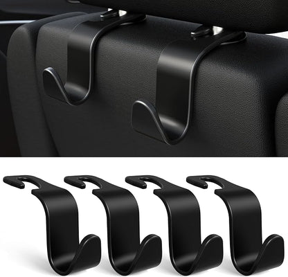 Amooca 4-Pack Car Headrest Hooks –Holds 55lbs Vehicle Storage Organizer for Purses Handbags Groceries Backpack Coats 360° Rotating Black
