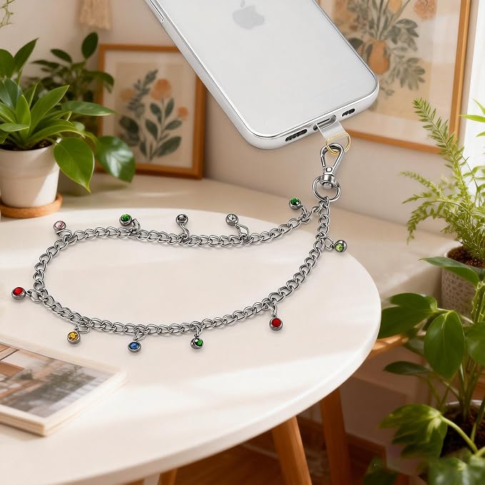 Phone Charm Wrist Strap Silver Metal Chain Detachable Lanyard Hand Wristlet Fashion Shine Finger Grip Anti-drop with 2 Tether Tab for Women Girls Universal for iPhone 16 Pro Max Colorful Gem