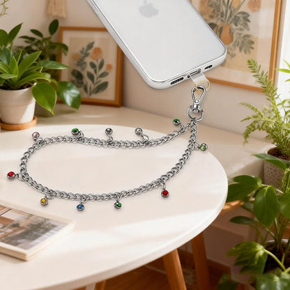 Phone Charm Wrist Strap Silver Metal Chain Detachable Lanyard Hand Wristlet Fashion Shine Finger Grip Anti-drop with 2 Tether Tab for Women Girls Universal for iPhone 16 Pro Max Colorful Gem