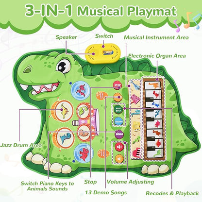 Cyiecw 3-in-1 Dinosaur Musical Mat, Piano Drum Play Mat Gifts for 1 2 3 Year Old Girls, Sensory Early Educational Musical Learning Toys for Baby Boys, Birthday Gift for Toddlers 1-5 Years Old