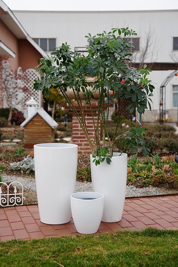 24,21,11 Inch Large Plastic Planters with Drainage Hole and Saucer - Set of 3 Tall Plant Pots Indoor Flower Pot Tall Round Planters Outdoor Large Tall Planter