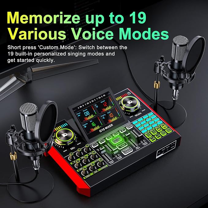 tenlamp G10 Podcast Equipment Bundle for 2 with Live Sound Board Audio Mixer - Two Condenser Mics, Voice Changer, Noise Reduction, for PC/Phone Streaming, Gaming, Singing, Podcast, Recording