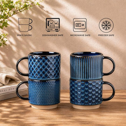 GBhome 12 OZ Stackable Coffee Mugs Set of 4, Ceramic Coffee Cups Set | Coffe Cups With Saucer and Stand, Dishwasher&Microwave Safe, 4 Assorted Designs