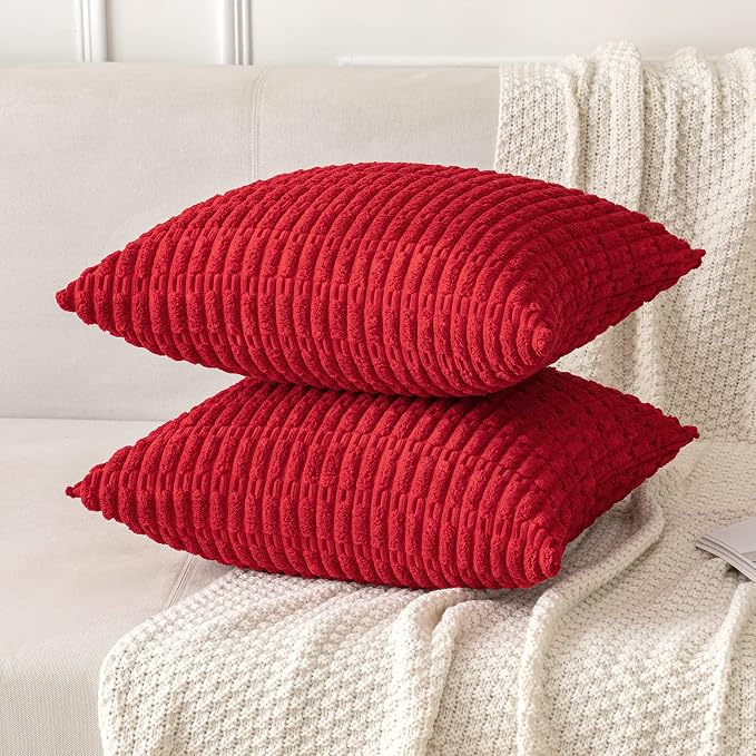 MIULEE Pack of 2 Red Corduroy Decorative Pillow Covers 18x18 Inch Soft Boho Striped Throw Pillow Covers Modern Farmhouse Home Decor for Sofa Living Room Couch Bed