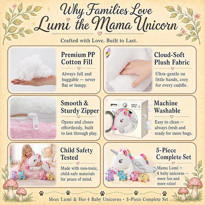 gnomantic Unicorn Stuffed Animals with Babies Inside, Mommy Toy for Kids | 5-Piece set: 1 mommy unicorn + 4 baby unicorns inside. Unzip belly to reveal surprise babies. Ultra-soft, ages 3-8.