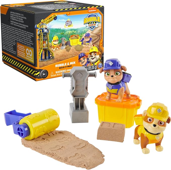 Rubble & Crew, Rubble and Mix Action Figures Set, with 3 oz of Kinetic Build-It Sand and 2 Hand Held Building Toys, Kids Toys for Ages 3 and up