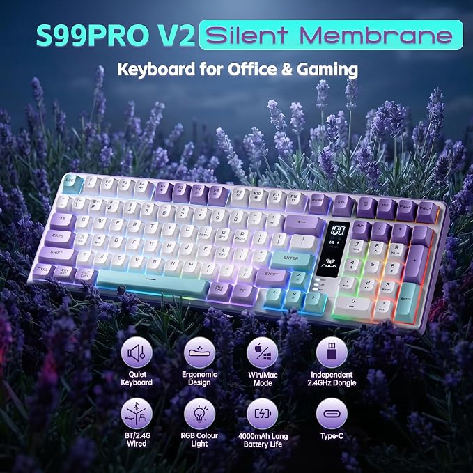 Aula S99pro V2 Full Size Gaming Keyboard,Wireless Creamy Membrane Keyboard | Tri-Mode Bluetooth/2.4GHz/USB-C,16.8mil RGB Backlit,Media Digital Screen,4000mAh Computer Wireless Keyboard with Number Pad