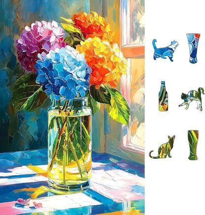 Hydrangea Puzzles for Adults 500 Pieces, Front of Window Blossom Flowers Art Jigsaw Puzzles for Family Fun Challenging, Party Game Gifts Decoration (23 x 15 Inch)