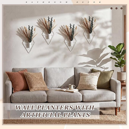 Jexine 4 Pcs Hanging Planters with Artificial Pampas White Metal Hanging Vase Indoor Plants Holder Modern Geometric Boho Bathroom Wall Decor for Living Room Home Office